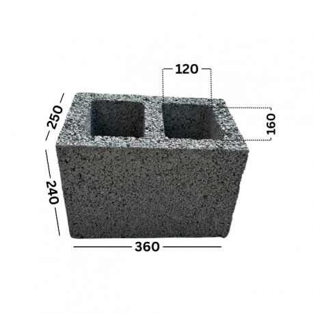 PW2/25-24-36, 2 kanalų ventiliaciniai blokeliai keramzitiniai, 250x240x360, angos 120x160 170999